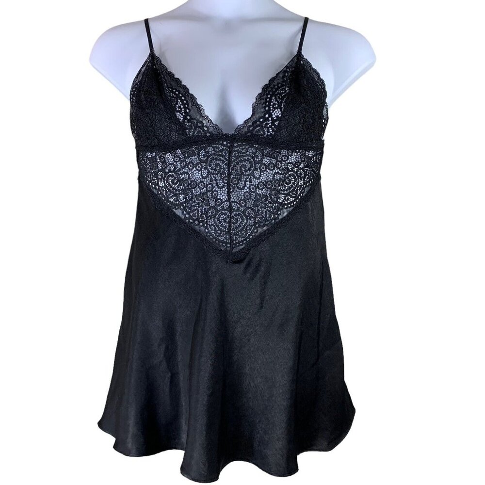 In Bloom by Jonquil Size Medium Tank Top Lace Cami Black Satin Like Adjustable